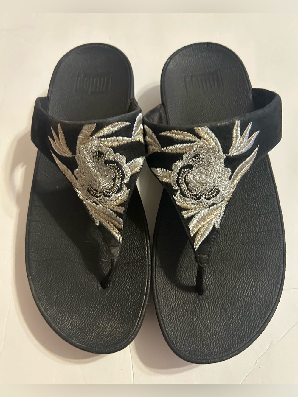 FitFlop Black Thong Sandals with Silver Embroidered Floral Detail